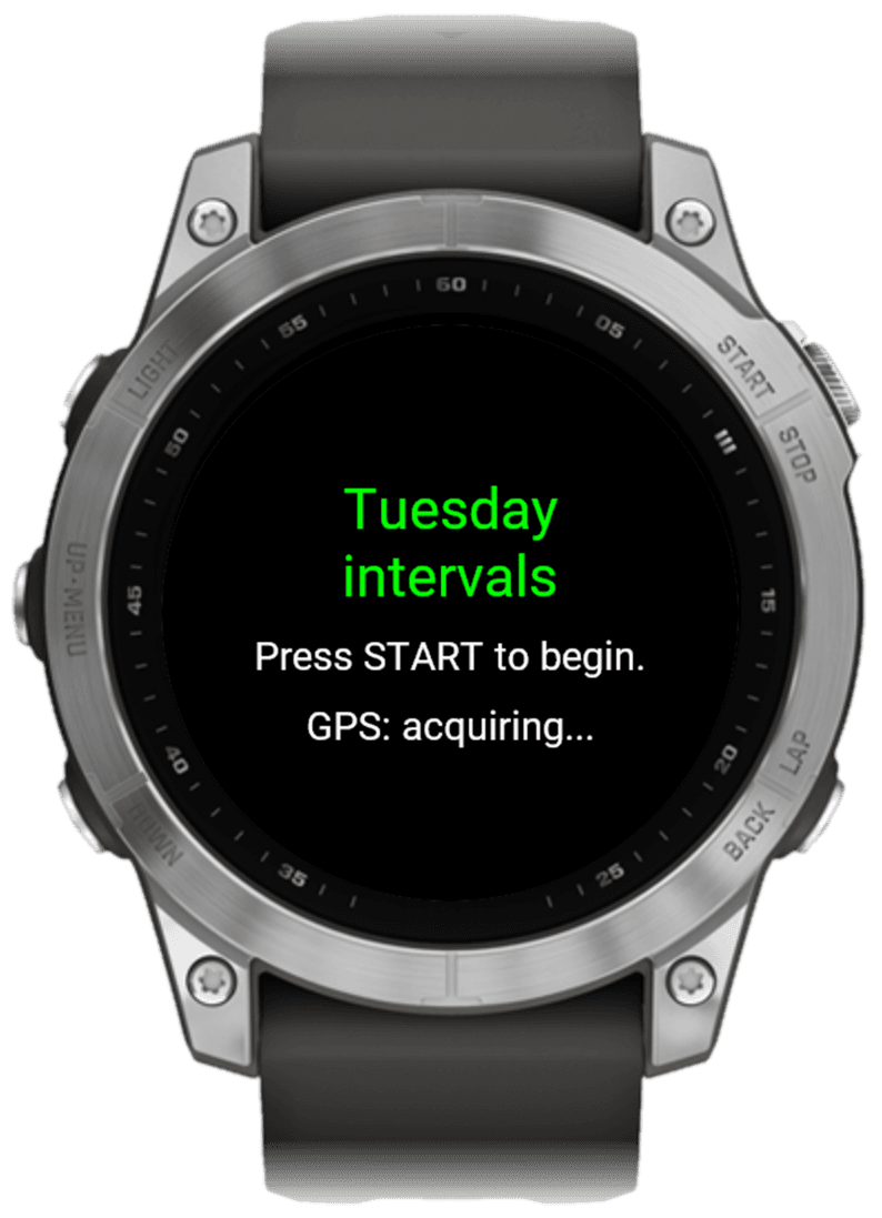 A PB-Runner session ready to start on a Garmin watch: Tuesday intervals, press START to begin