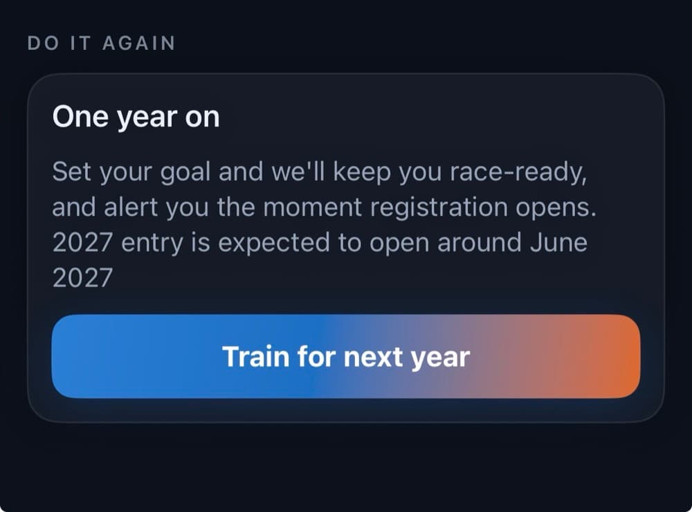 A One year on card prompting the runner to train for next year, with a note that 2027 entry is expected to open around June