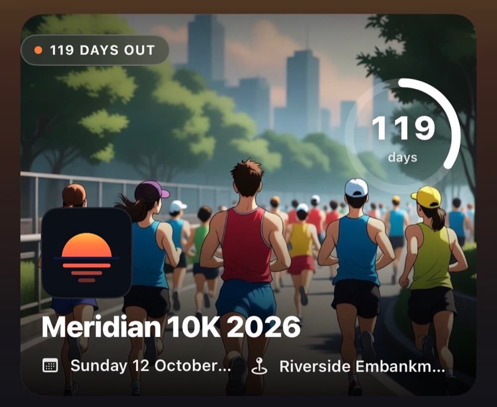 The co-branded Meridian 10K banner inside the app: the event's hero image, name, date and a countdown to race day