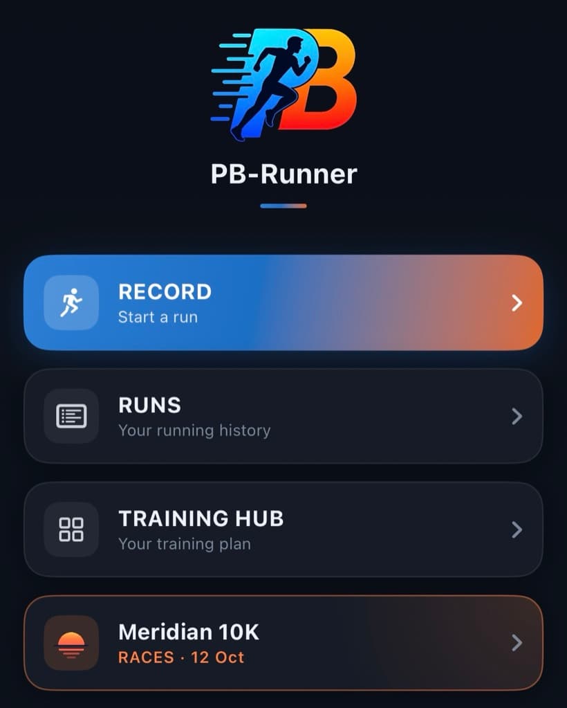 A runner's PB-Runner home screen with a co-branded Meridian 10K race button sitting among the app's own cards