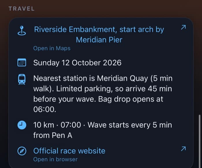The travel card: the start arch, date, nearest station and parking, and the wave start times