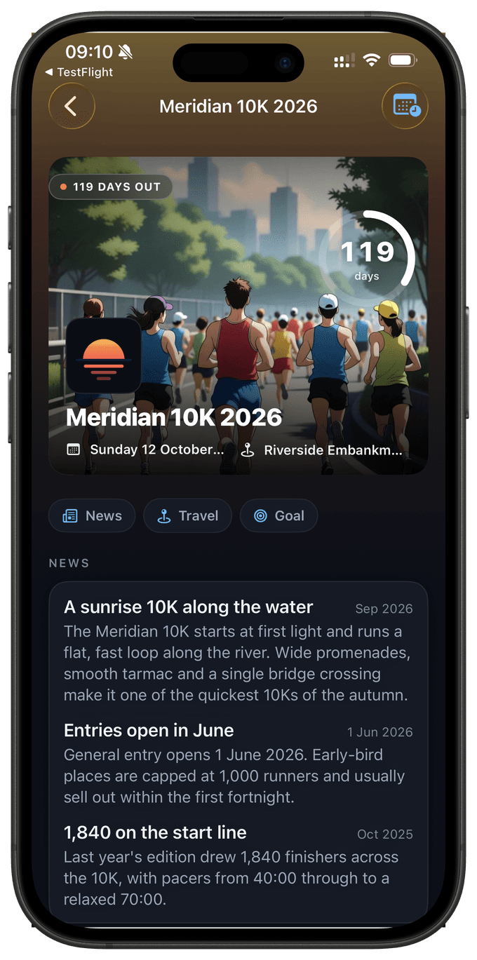 The Meridian 10K race home screen inside PB-Runner: countdown ring, the race's own hero image, schedule and news