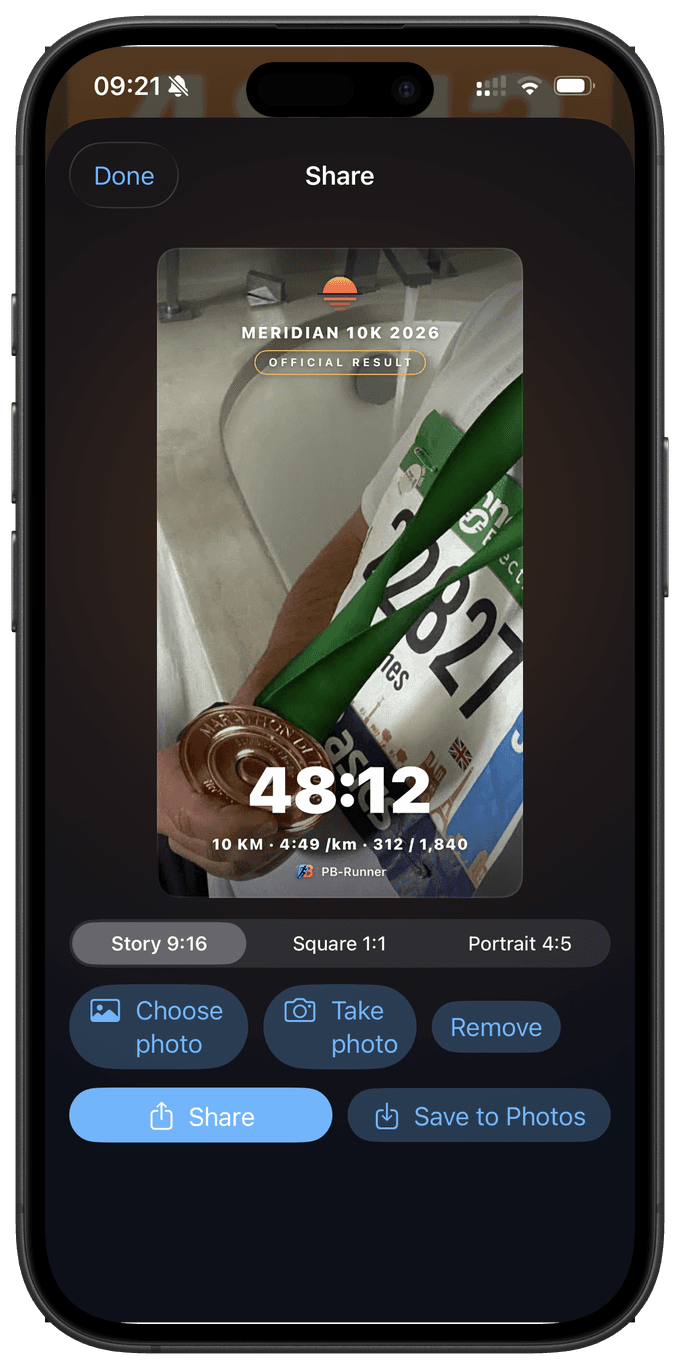 The Share Studio race overlay: the official Meridian 10K result and finish time laid over the runner's own finish-line photo, race-branded, with Story, Square and Portrait sizes