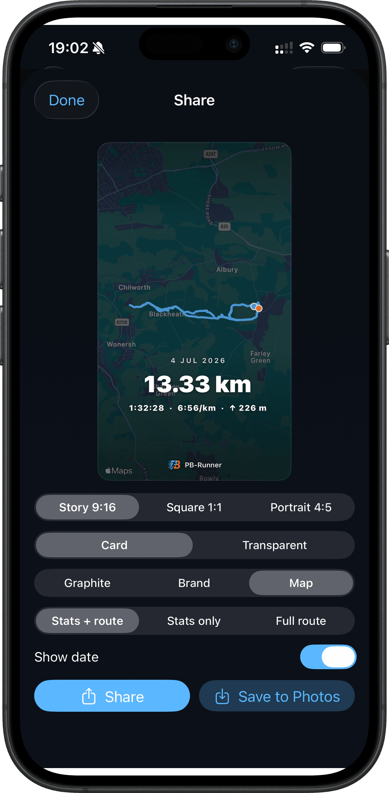 The Share Studio editor, a run's stats laid over its map