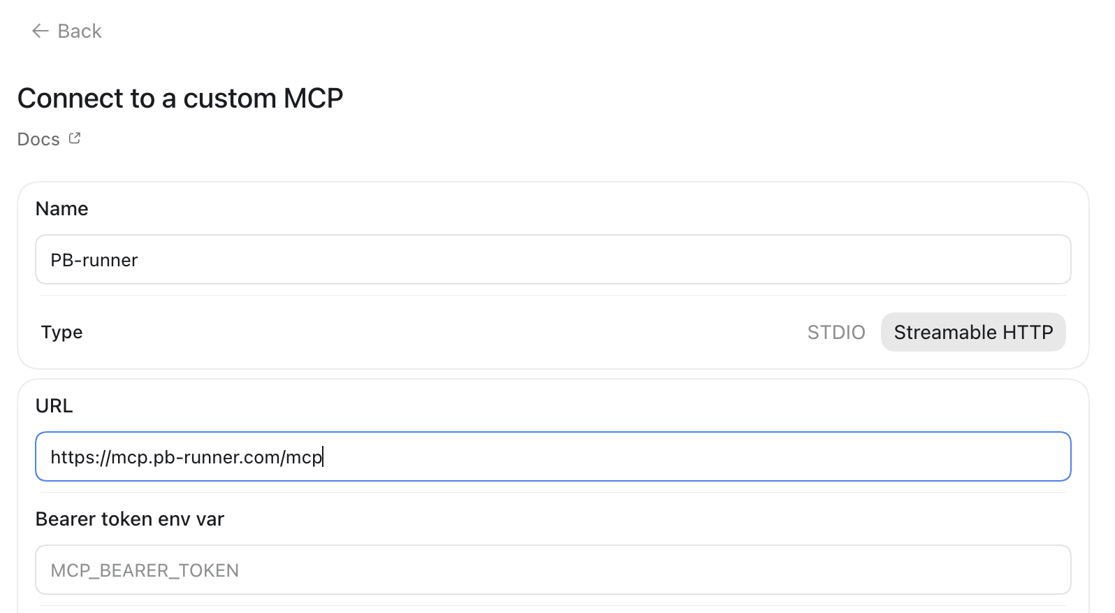 The Connect to a custom MCP form, filled in with the name, Streamable HTTP and the PB-Runner link