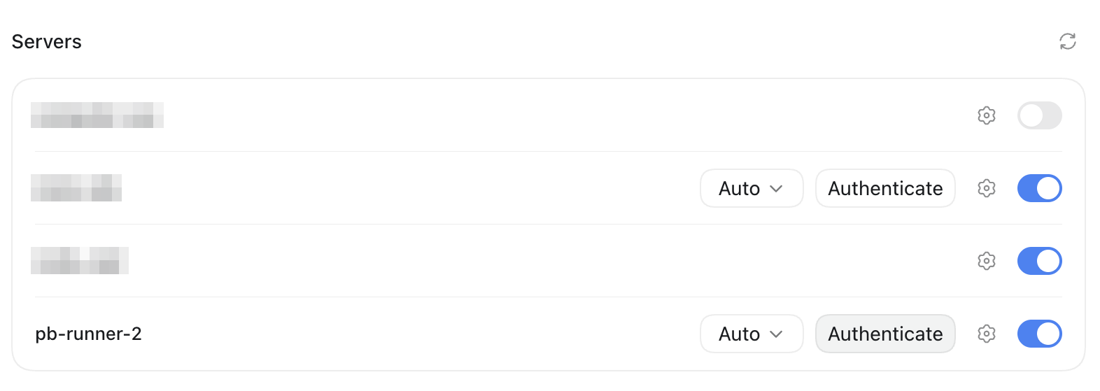 The Servers list, with the server just added waiting to authenticate
