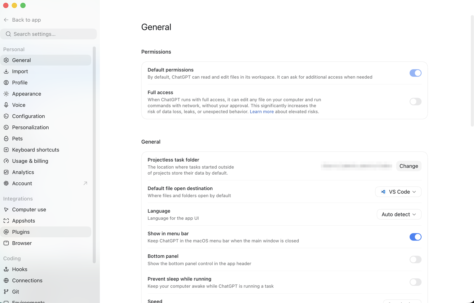 ChatGPT’s settings, with Plugins selected in the sidebar