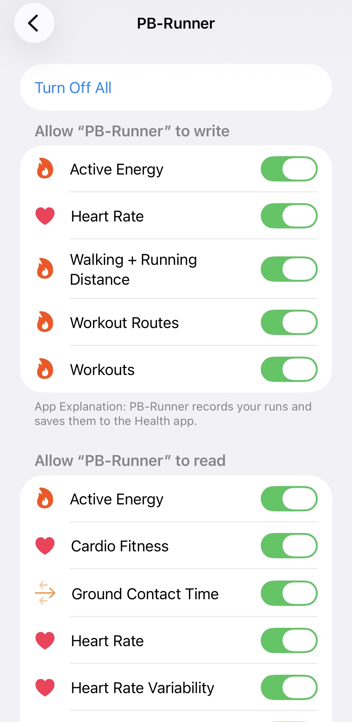 Health app, Privacy, Apps and Services, PB-Runner, with the workout toggles on