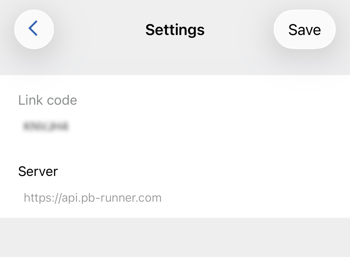 The PB-Runner settings page in the Connect IQ app with a link code entered