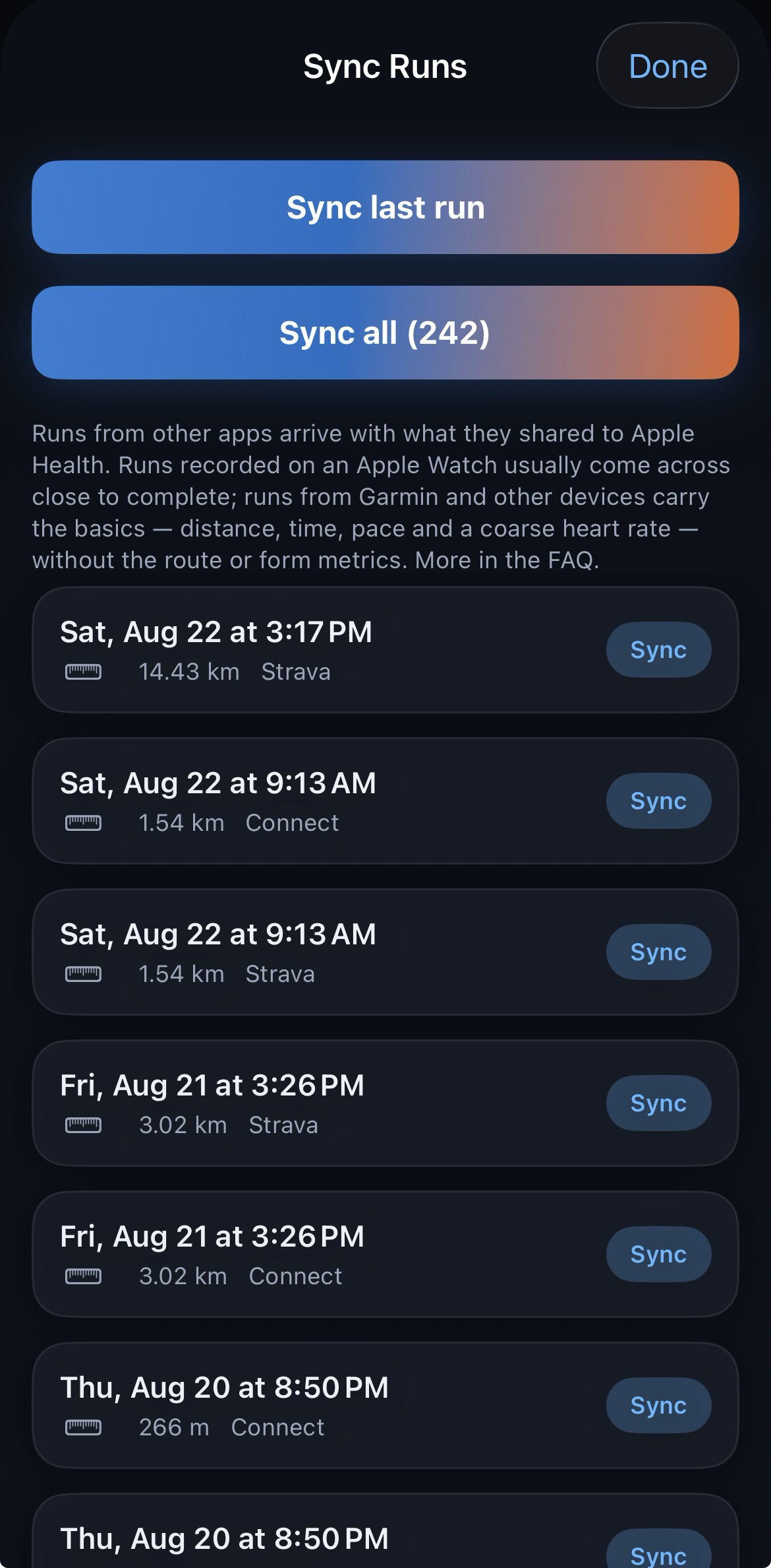 The PB-Runner Sync Runs screen listing runs found in Apple Health