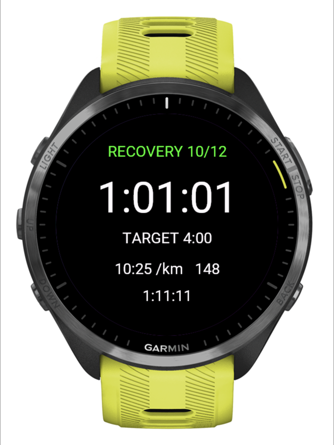 PB-Runner on a Garmin watch part-way through a session, showing the current recovery rep, the target pace and the time elapsed