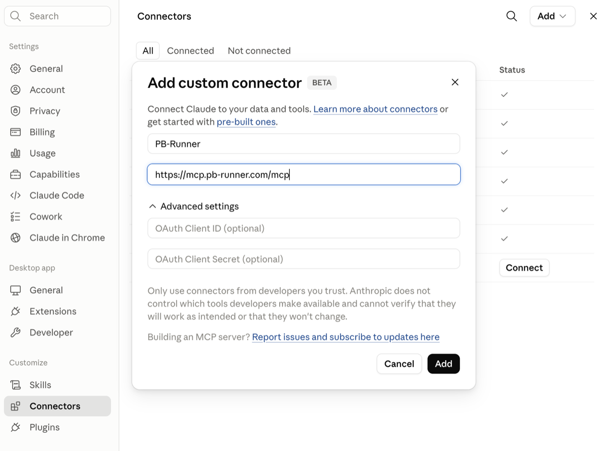 The Add custom connector dialog with the PB-Runner link pasted