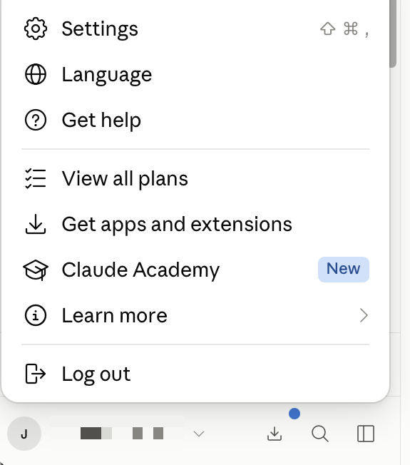 The account menu in Claude, open above the user’s name, with Settings at the top