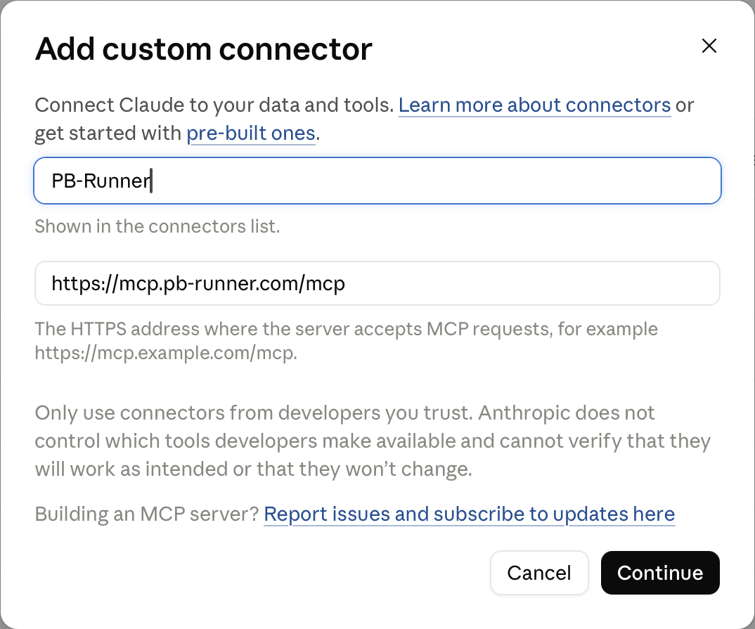 The Add custom connector window with the name and the PB-Runner link filled in