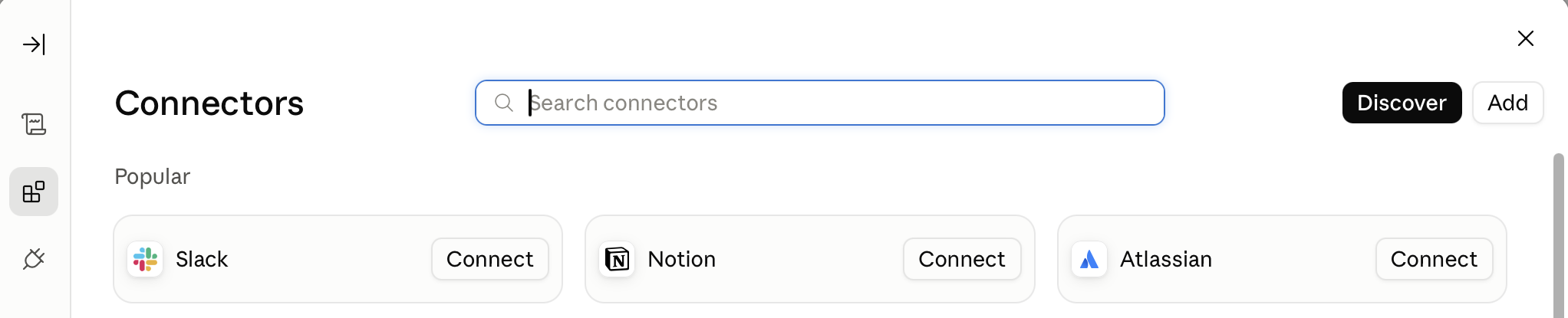 The Connectors panel, with the squares icon in the bar on the left and the Add button at the top right