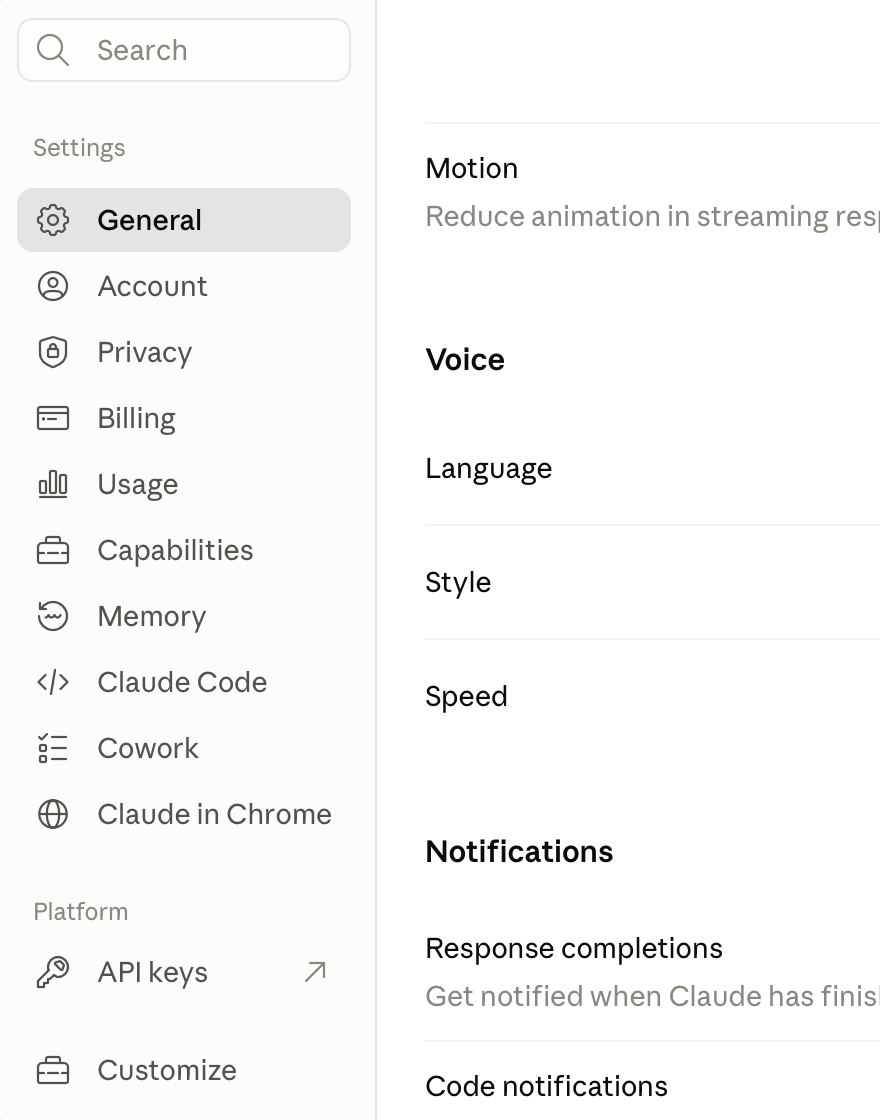 Claude’s settings, with Customize at the bottom of the settings menu