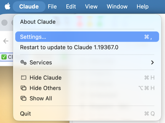 The Claude menu on a Mac with Settings highlighted