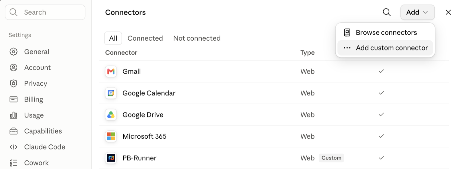The Connectors screen with Add custom connector in the Add menu