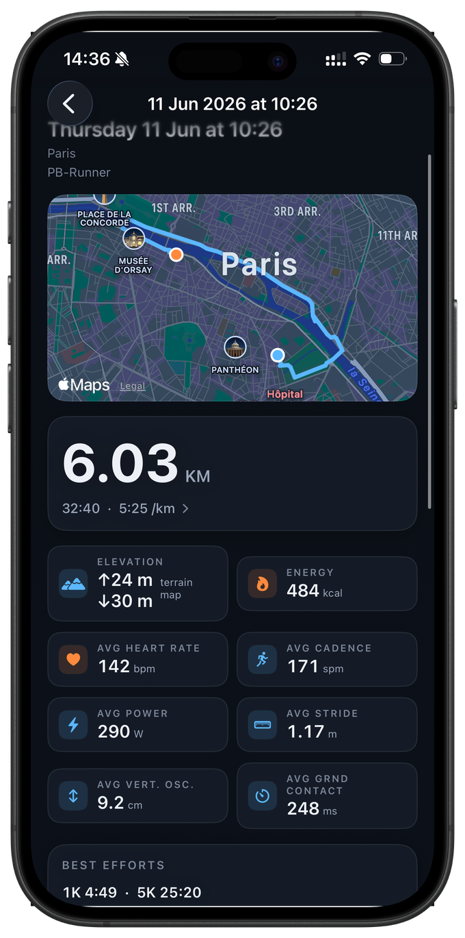 A recorded run open in PB-Runner on iPhone, with its map, its splits and its form metrics